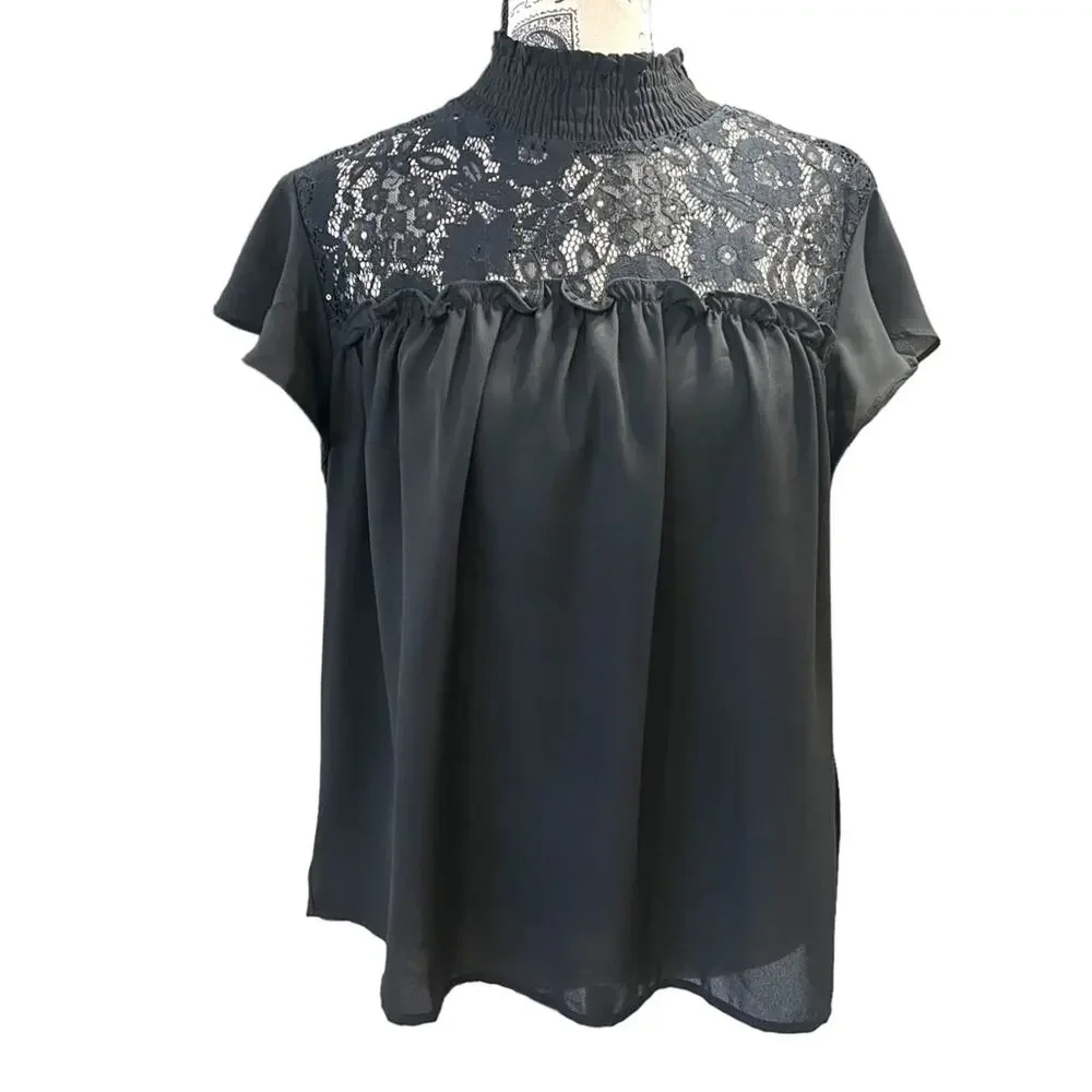 Reese women Medium Blouse Black Sparkle Lace Sheer flutter sleeve Goth Wednesday - Picture 3 of 15